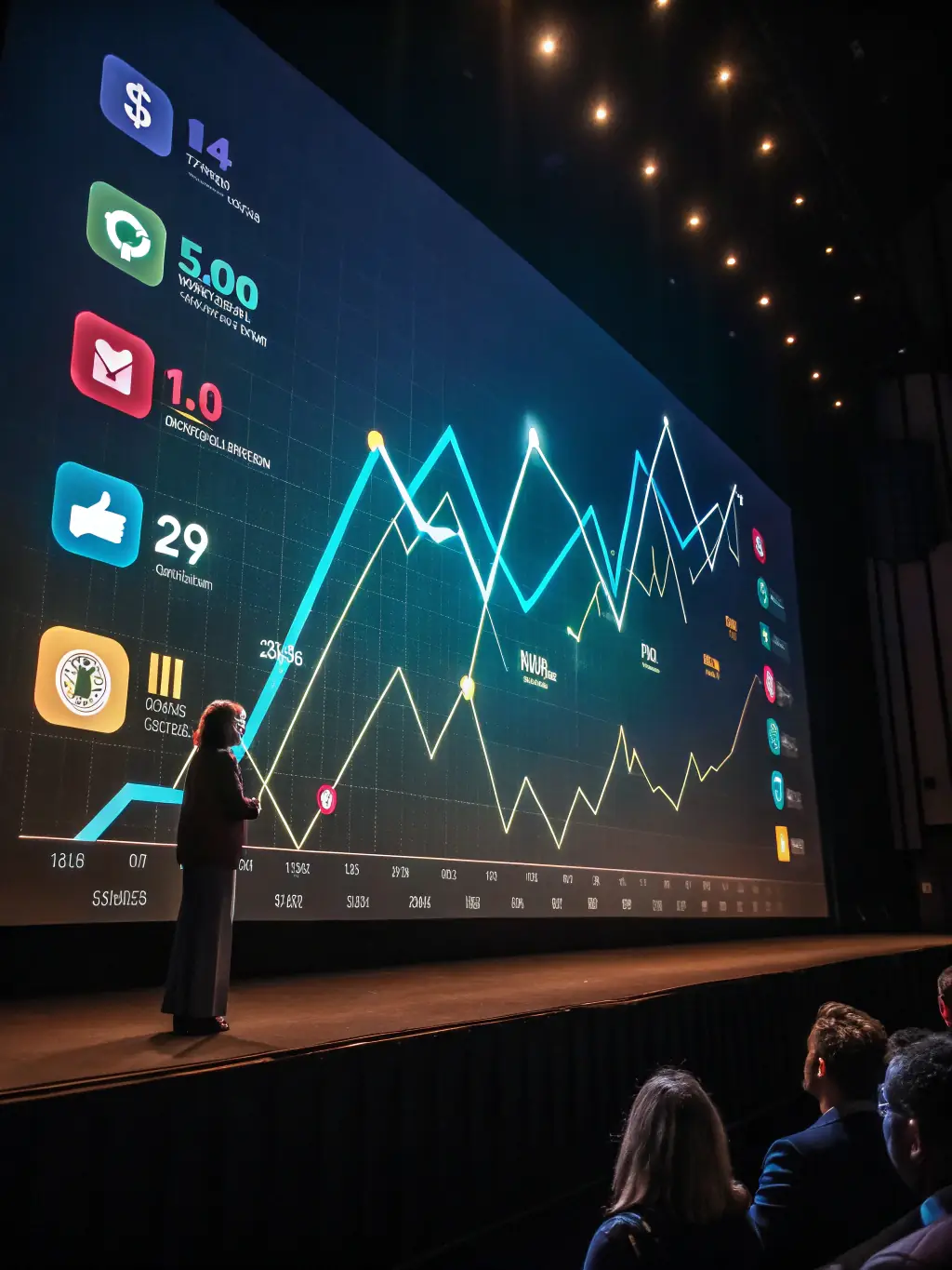 A graph showing upward financial trends, overlaid with digital marketing icons, representing the potential for financial growth through digital strategies.