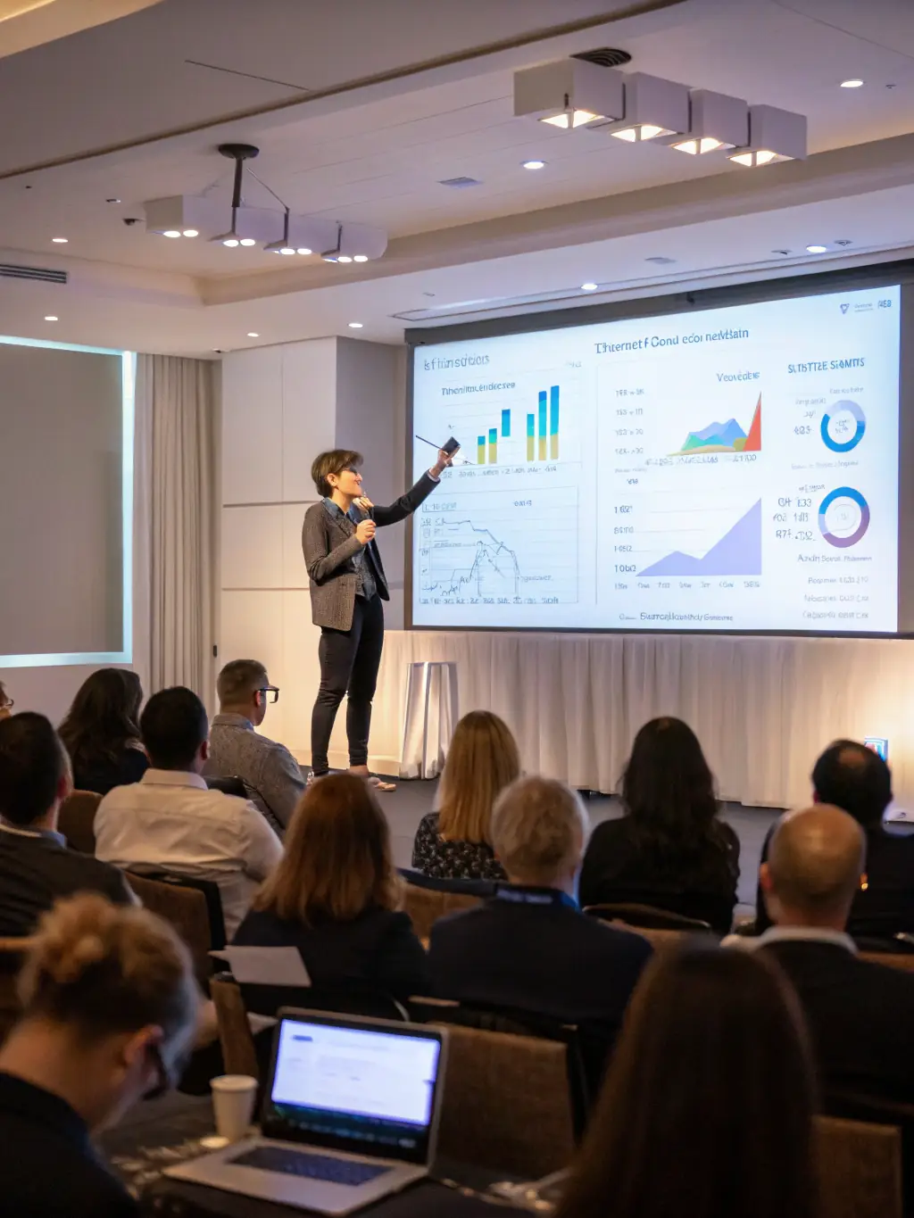 A speaker presenting data-driven insights on a large screen at a digital marketing forum, with attendees taking notes and engaging with the presentation.