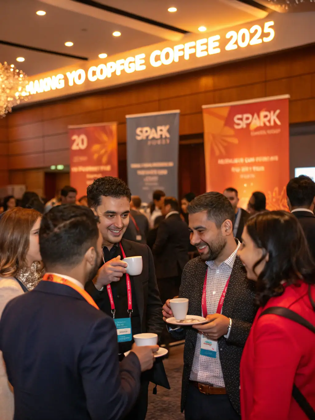 A diverse group of professionals networking during a coffee break at a digital marketing conference, exchanging business cards and engaging in lively conversation.